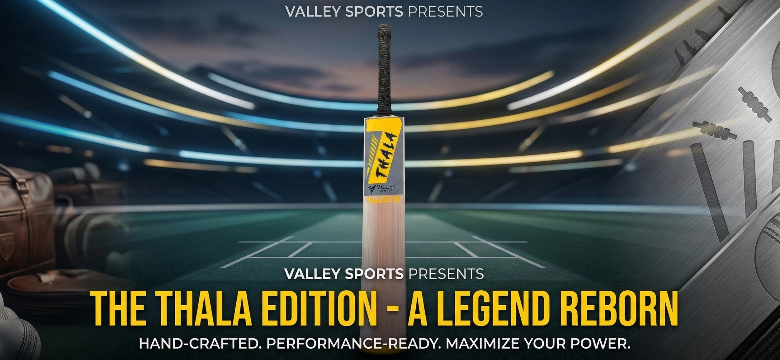 Thala cricket bat with promotional text on a sports arena background